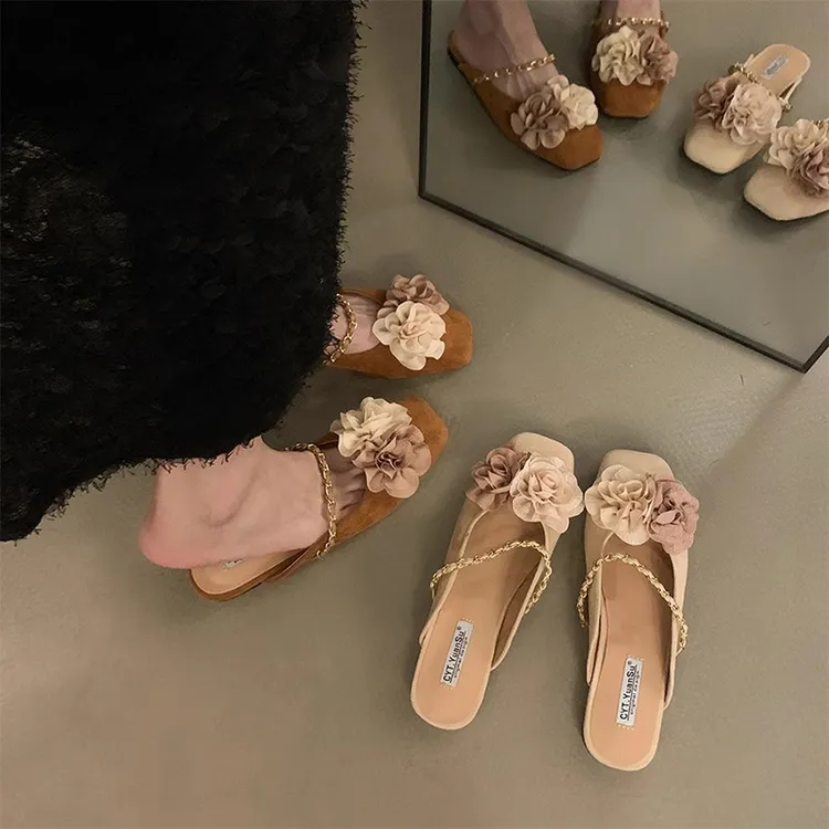 新中式包头半拖鞋女夏外穿2024新款配裙子平底凉拖鞋法式玛丽珍鞋