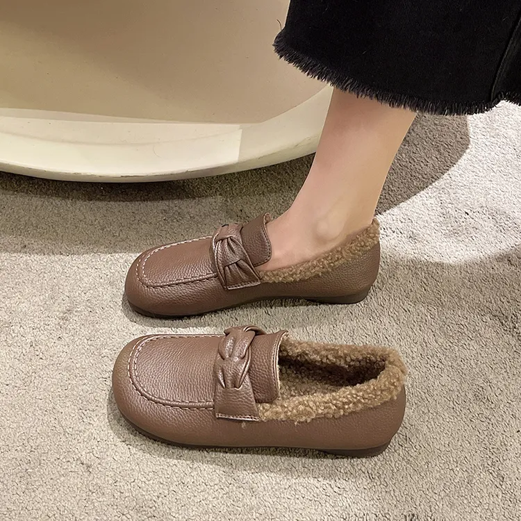 软底软面加绒保暖豆豆鞋女2024冬季新款女鞋平底一脚蹬休闲棉鞋女