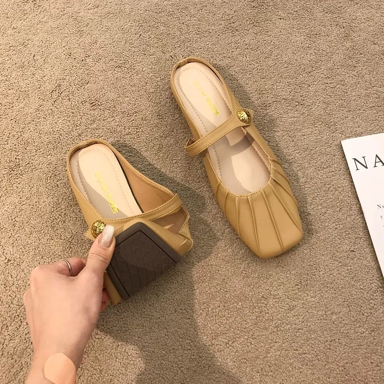 法式温柔褶皱包头半拖鞋平底2024春夏季仙女气质玛丽珍鞋晚晚单鞋