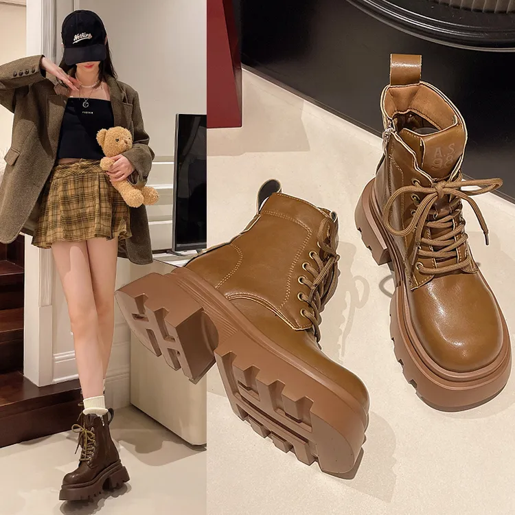 棕色厚底马丁靴女2024新款百搭英伦风炸街短靴复古机车靴春秋单靴