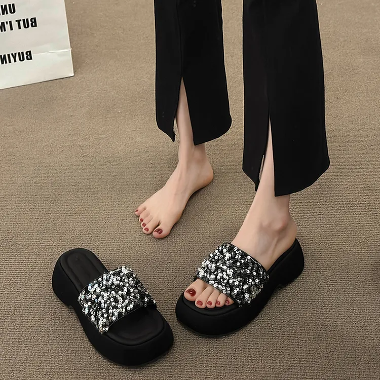 外穿厚底凉拖鞋女2024年夏季新款小众时尚设计感一字亮片增高凉鞋