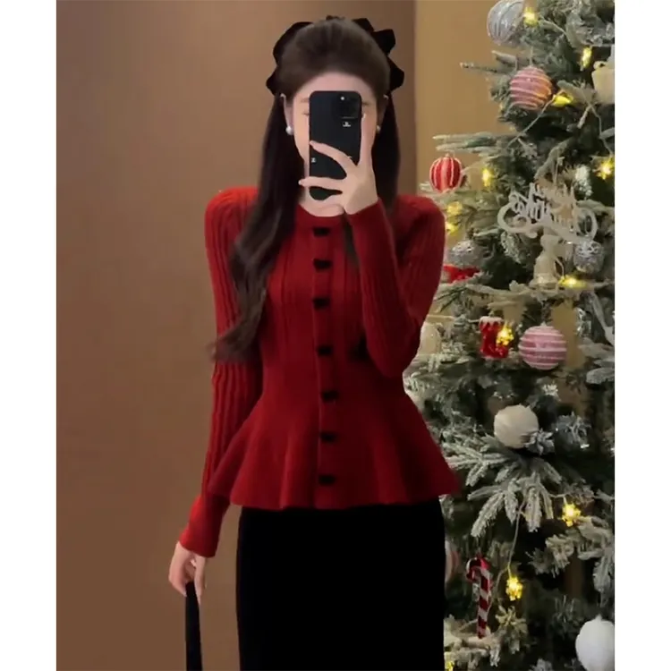小香风裙摆设计收腰打底衫毛衣大码独特酒红色开衫毛衣毛衣女冬季