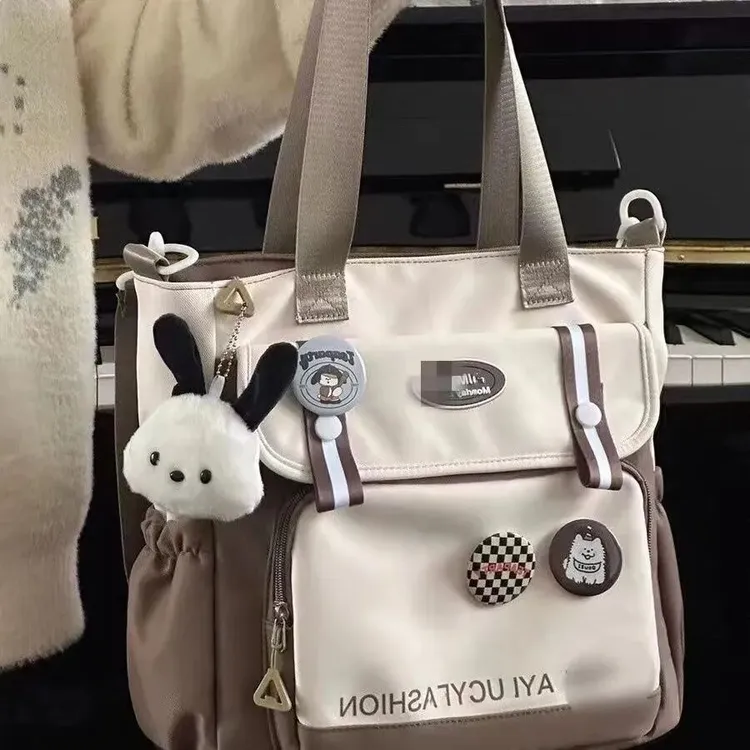 女包日系撞色学生斜挎布包初中生手提补习袋校园单肩托特包包