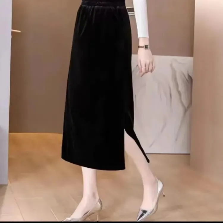 丝绒半身裙黑色长裙秋季高腰开叉显瘦中长款裙子纯色气质秋冬