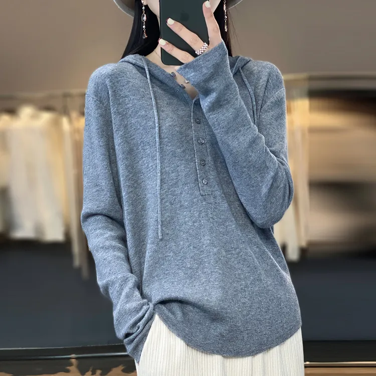 气质100%羊毛灰色帽衫女宽松休闲百搭针织连帽毛衣打底衫卫衣帽衫