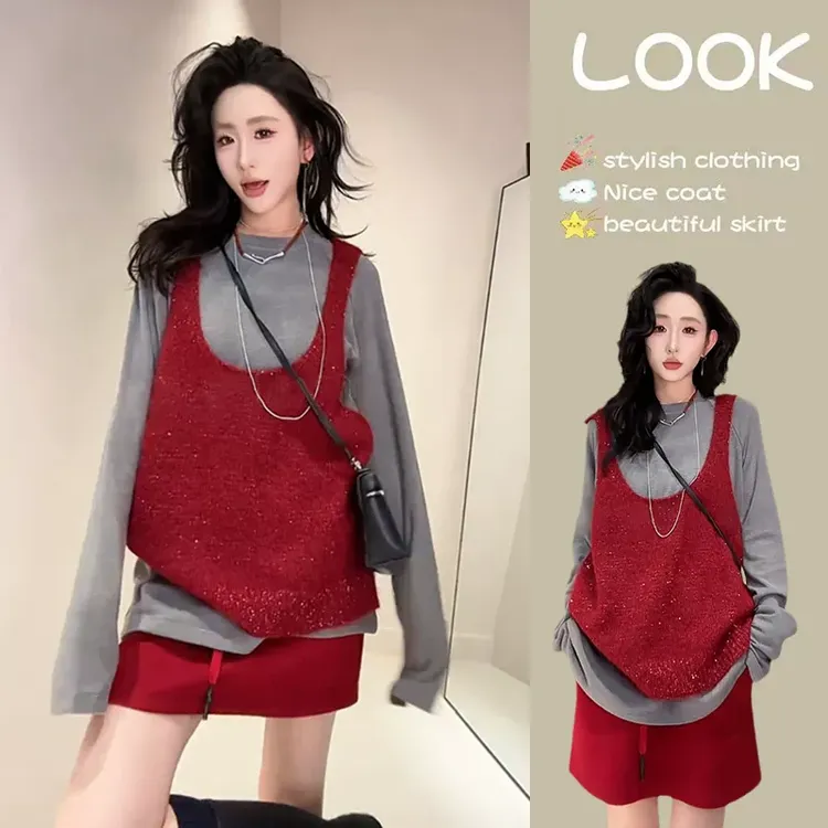 慵懒风休闲套装女2024秋季新款宽松长袖t恤马甲背心半身裙三件套