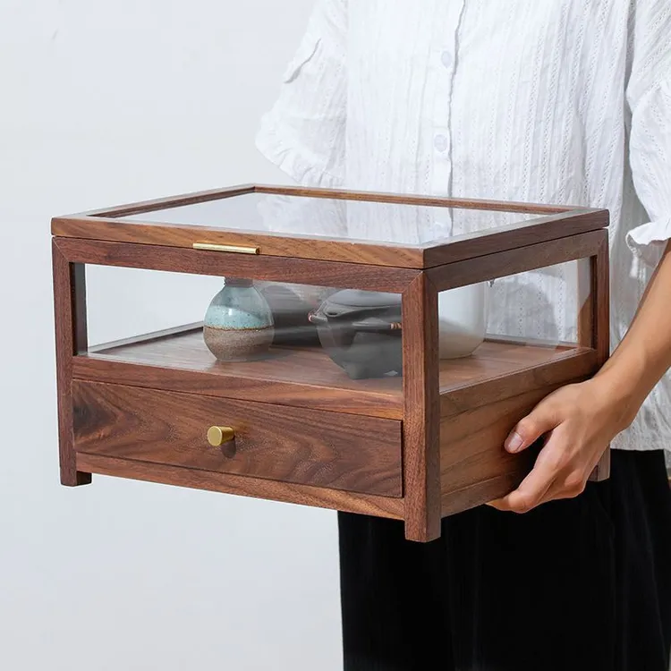 胡桃木柜网红家具防尘透明玻璃茶室套装竹制茶具收纳架侘寂风茶器