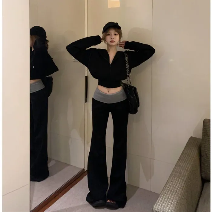 加绒加厚套装慵懒连帽长袖卫衣外套女早春穿搭撞色微喇叭裤两件套