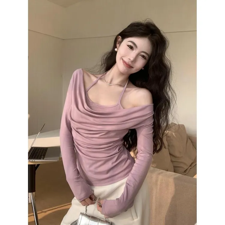 纯欲挂脖荡领假两件褶皱T恤女春性感内搭修身长袖短款打底衫上衣