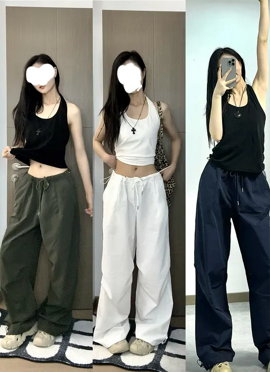 抽绳高腰工装裤灰绿色休闲长裤女夏装甜酷宽松直筒阔腿裤拖地裤子