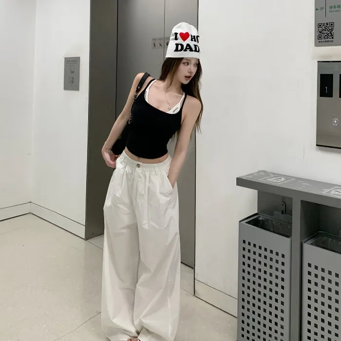 美式白色工装休闲裤女秋季新款高腰宽松阔腿裤子百搭直筒拖地长裤