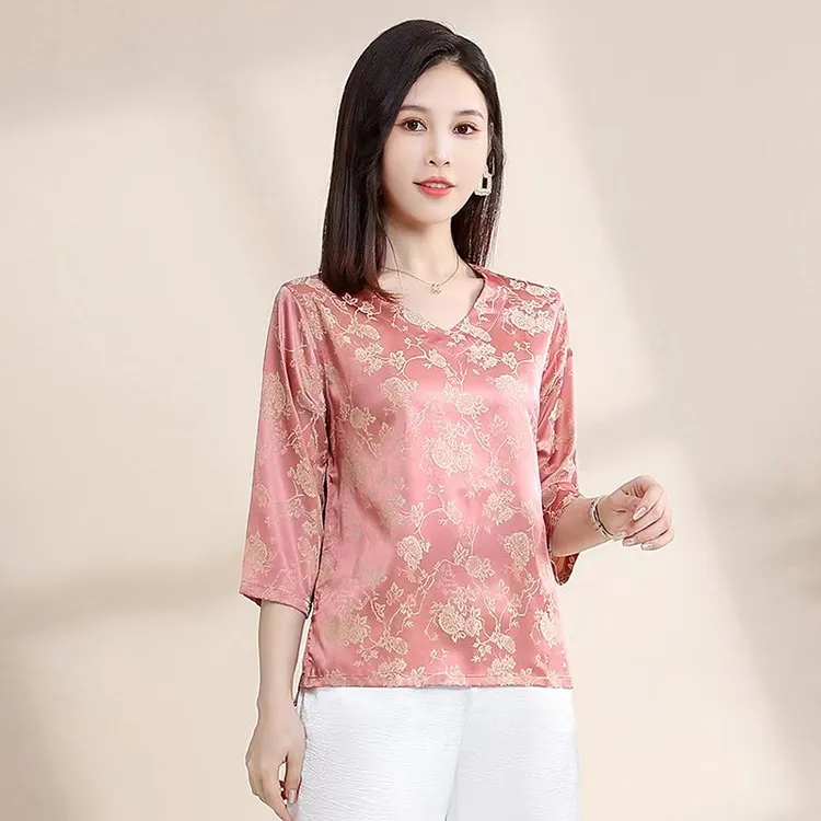 苏杭真丝短袖上衣女t2024夏季新款中式国风T恤优雅高档桑蚕丝衬衫