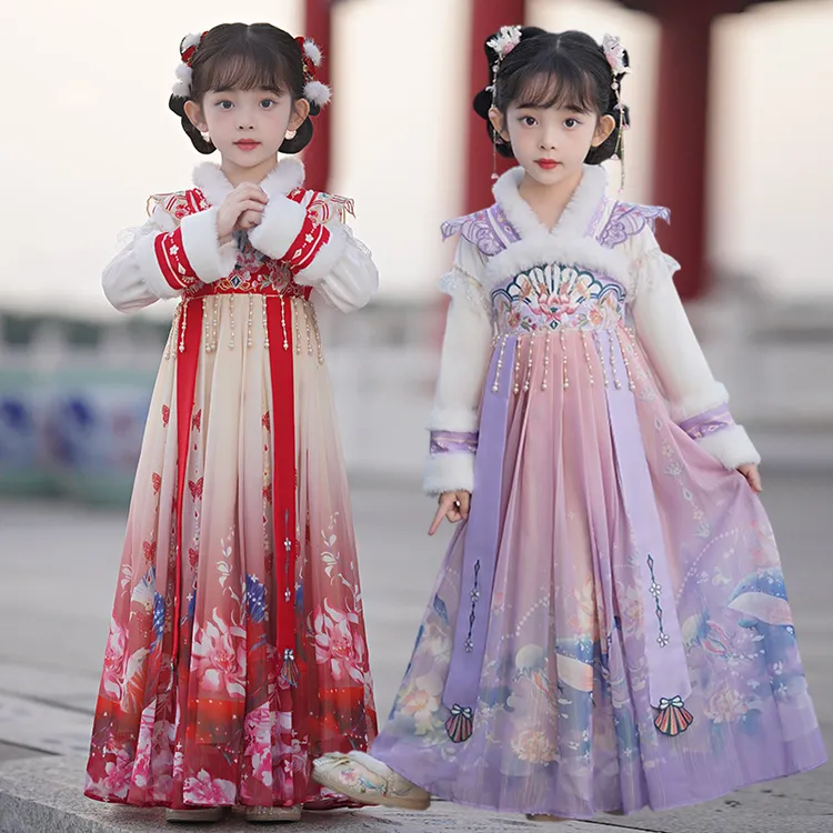 女童汉服冬季拜年服2025新款冬款加绒中国风古装汉服连衣裙