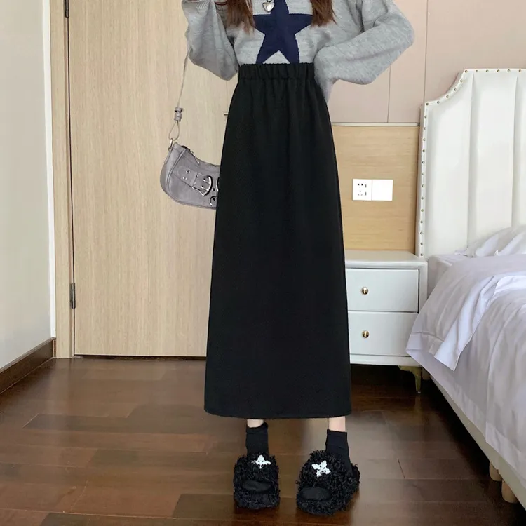 大码咖色秋冬季高腰a字半身裙女胖mm遮胯显瘦中长款开叉包臀裙子
