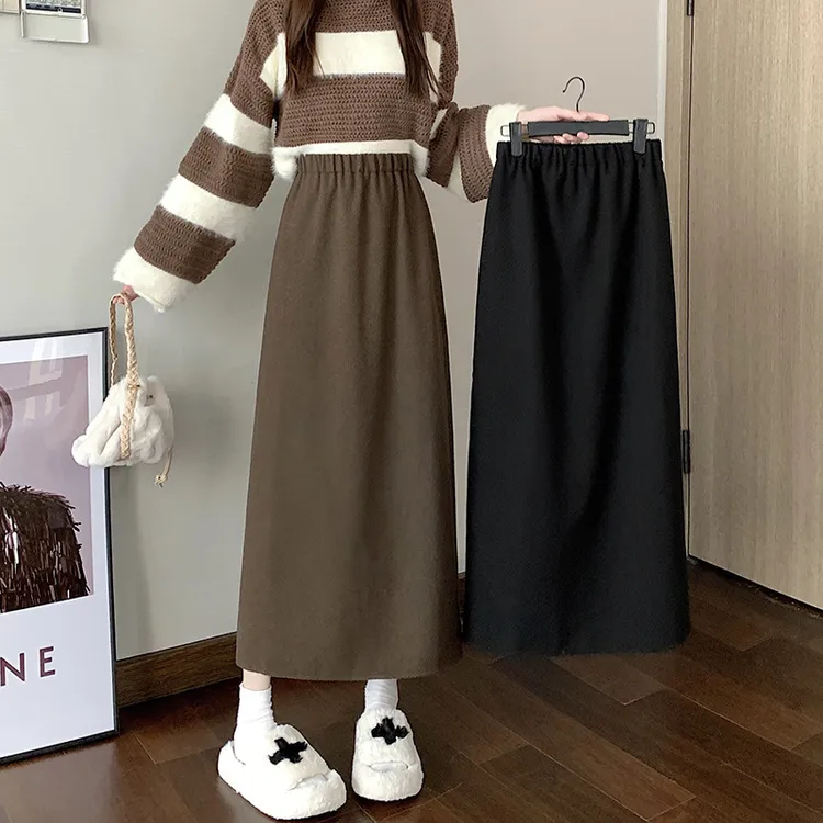 大码咖色高腰a字半身裙女秋冬季胖mm遮胯显瘦中长款开叉包臀裙子