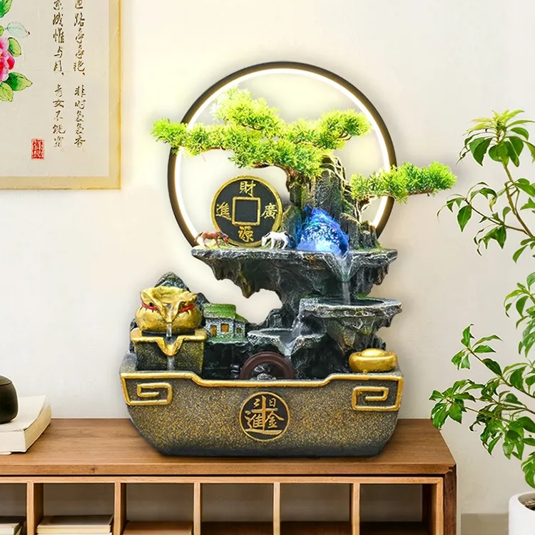 新中式流水摆件客厅假山循环水景观开业礼物水车轮桌面钱袋装饰