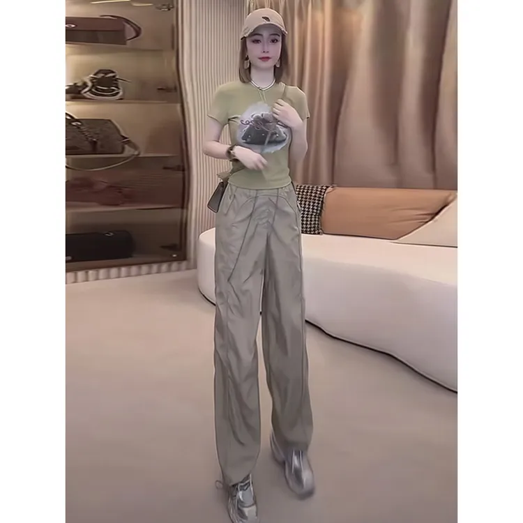 欧货炸街休闲运动套装女夏时髦洋气印花T恤速干工装阔腿裤两件套