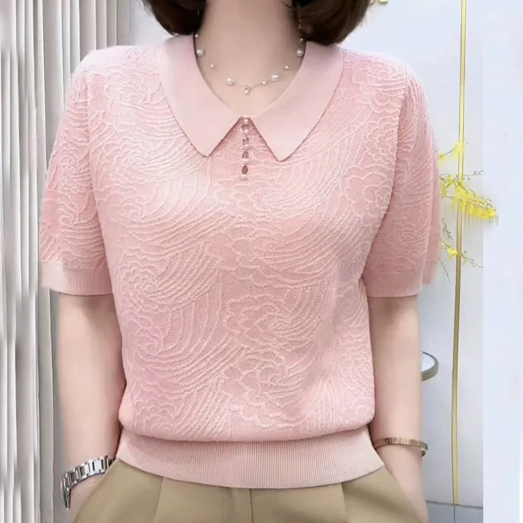 洋气高档短袖t恤女夏季年轻妈妈薄款针织小衫简约气质显瘦上衣女