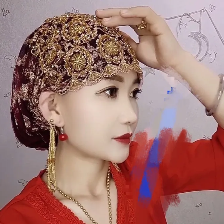 新款网红流苏帽民族风遮白发爆款流苏帽新款绣花包头帽小帽蕾丝