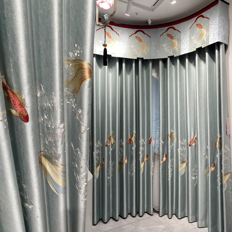新款新中式古典风格锦鲤绣花窗帘高端成品定制款客厅卧室飘窗落地