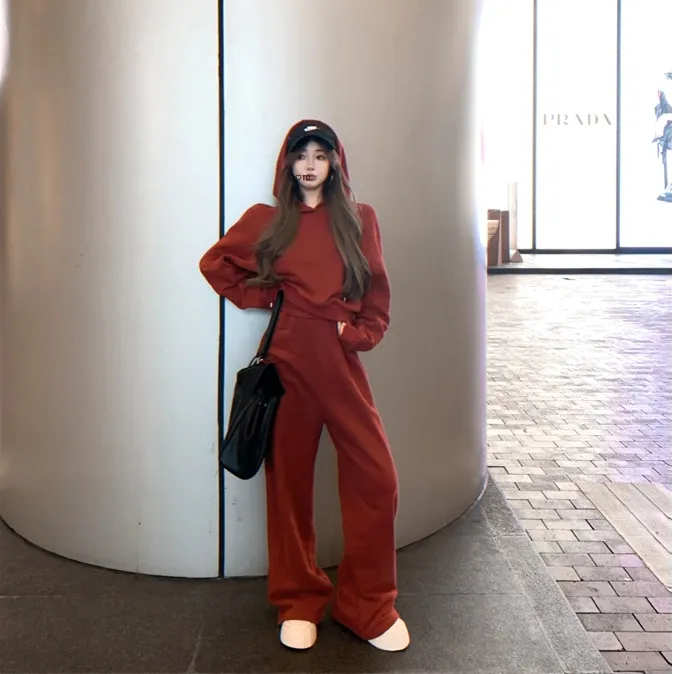 高级感红色休闲运动套装女2024秋季新款时尚洋气卫衣阔腿裤两件套