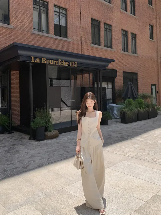 【非正式职场时髦人】高級感立体剪裁马甲吊带背心套装夏季两件套