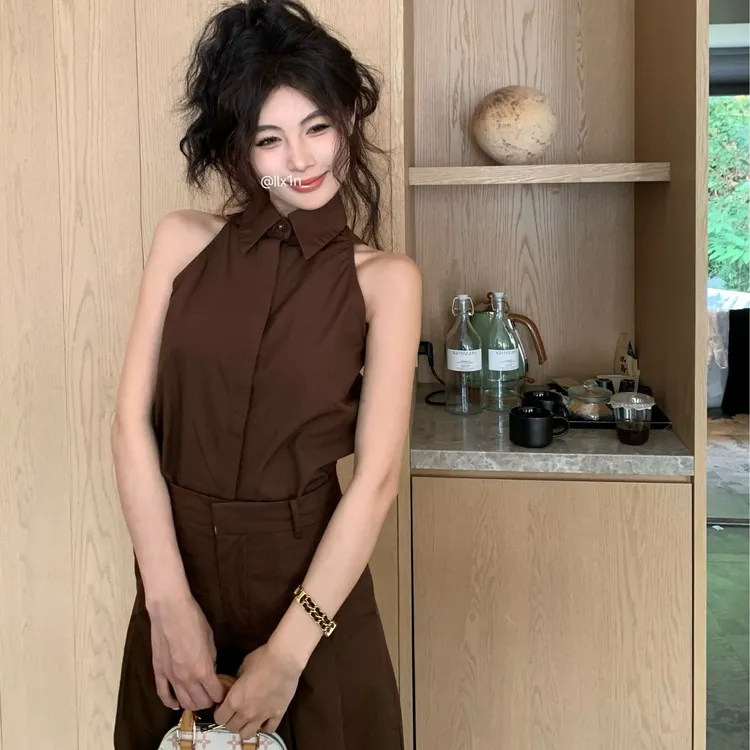 夏季时尚气质套装女翻领无袖挂脖上衣阔腿裤两件套女装御姐高级感