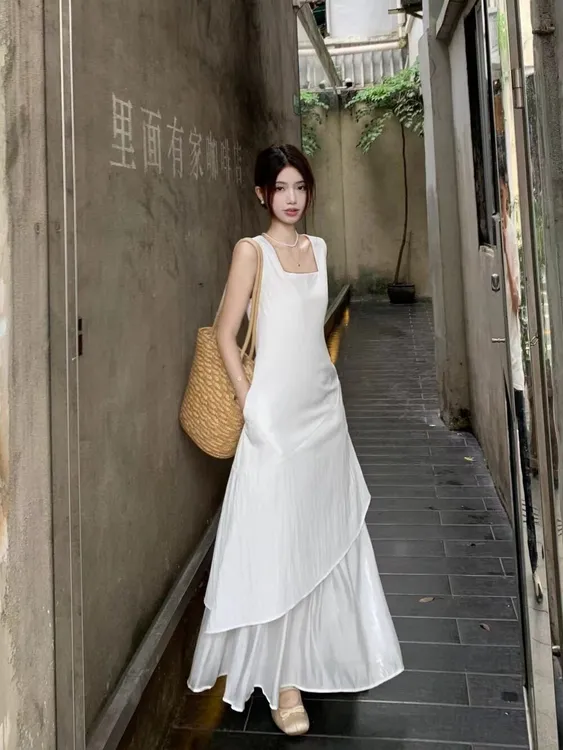 2025夏季仙女裙裙子连衣裙气质白色时尚小众法式收腰拼接裙子