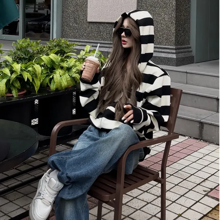 黑白条纹连帽卫衣外套女秋2025新款美式复古小众高级感宽松上衣潮