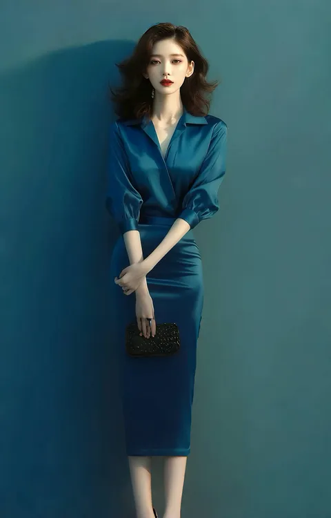 夏季上流社会高端精致女神范气质高冷御姐风蓝色缎面连衣裙子