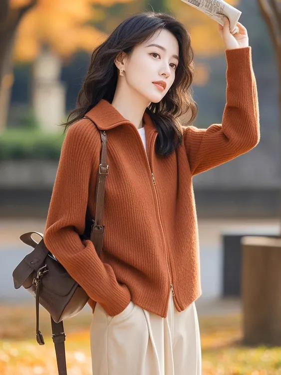 SS749新款早秋慵懒风小众设计感独特超好看绝美针织衫焦糖色上衣