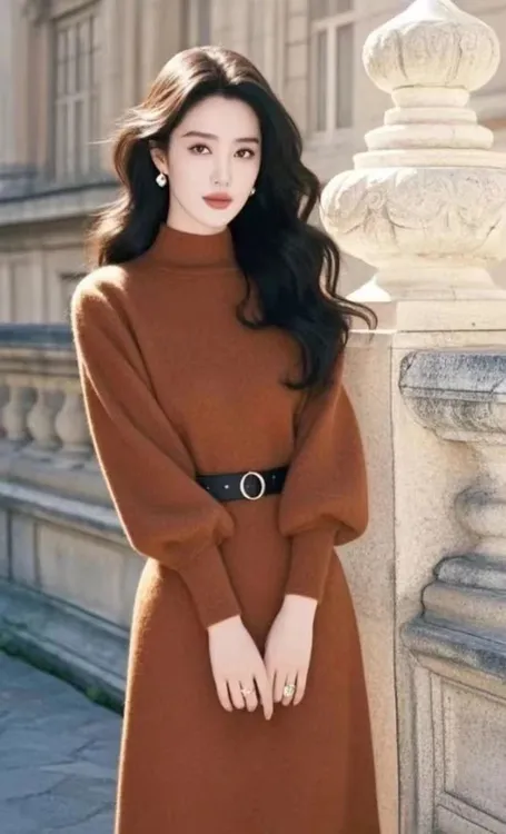 冬季法式气质名媛高端女神范高级感富家千金咖色针织秋冬连衣裙子