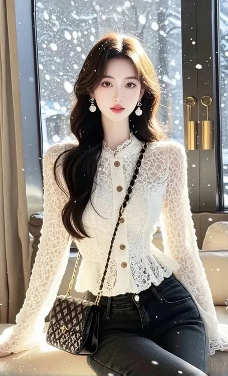 SS899冬季米白色蕾丝打底衬衫女轻熟法式小众修身小香风内搭上衣