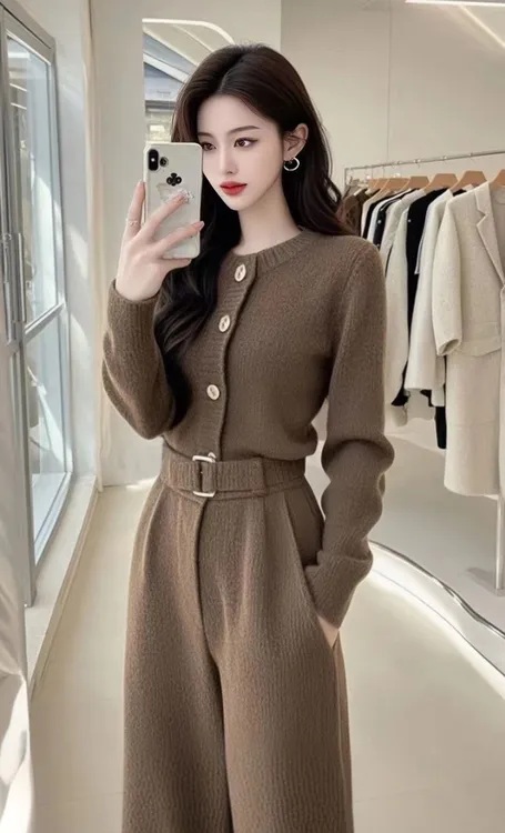 SS801秋季穿搭一整套高级感时尚气质酷飒拽姐咖色小香风针织套装