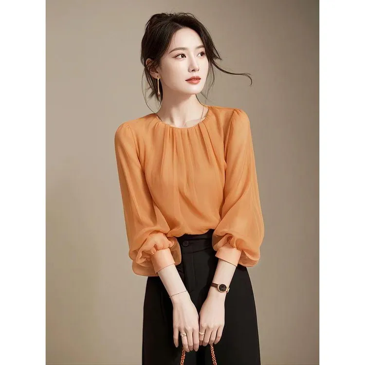 SS3974早秋新款今年流行雪纺法式绝美橘色小上衣女气质小衫显瘦