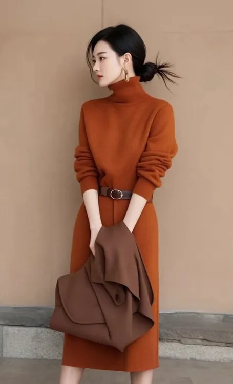 SS520气质女神范长裙高级超好看端庄大气美拉德焦糖色收腰连衣裙