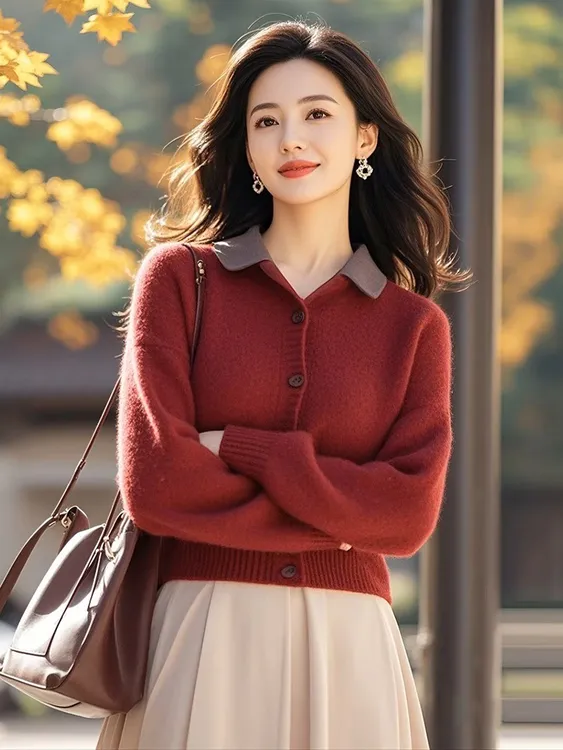 SS720上衣女时尚洋气时髦气质慵懒风通勤穿搭红色针织开衫毛衣