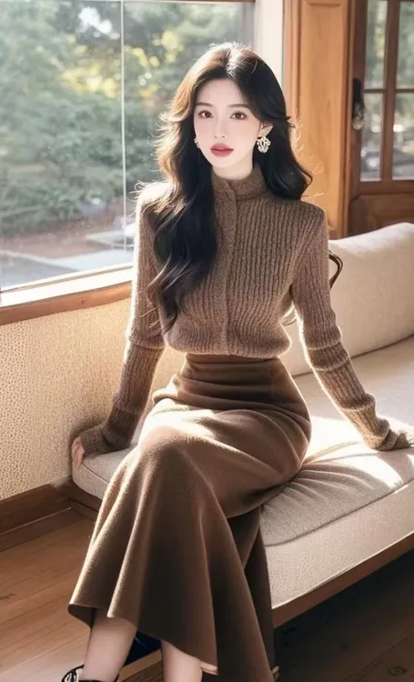 SS439时髦精穿搭盐系轻熟美拉德复古高级感棕色毛衣半身裙两件套