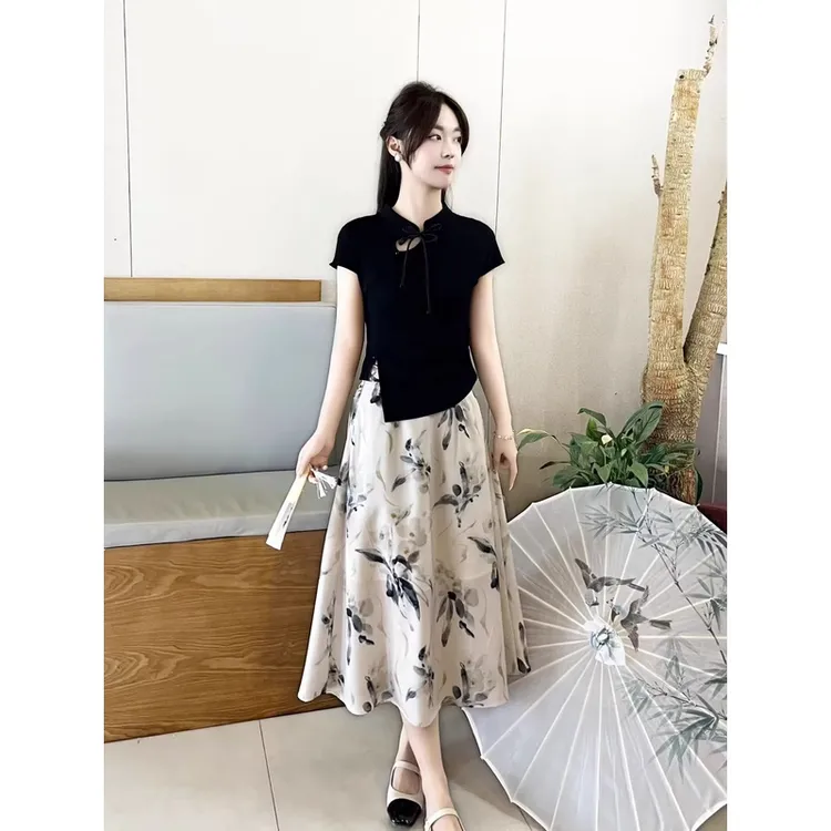 国风新中式正肩短袖t恤半身裙两件套夏季2024新款套装裙显瘦气质