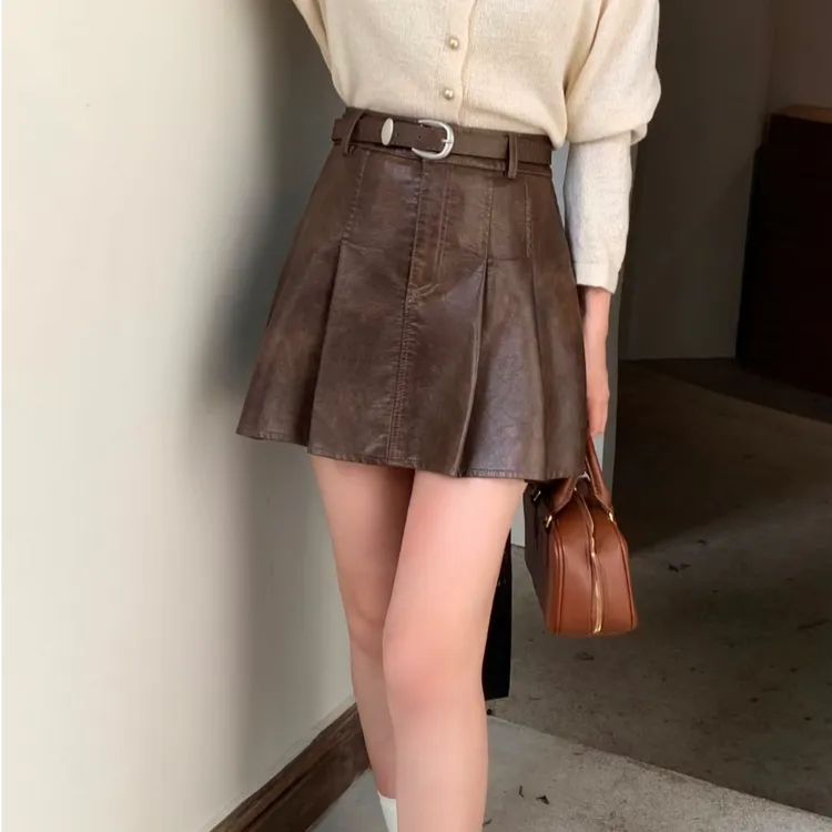 PU皮百褶半身裙子2024秋季新款小个子高腰a字气质短裙百搭显瘦ins