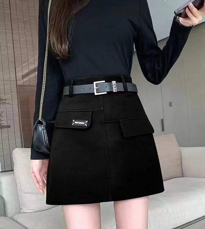 欣荣2023秋冬季新品假口袋毛呢料高腰A字半身裙短裙子百搭显瘦ins