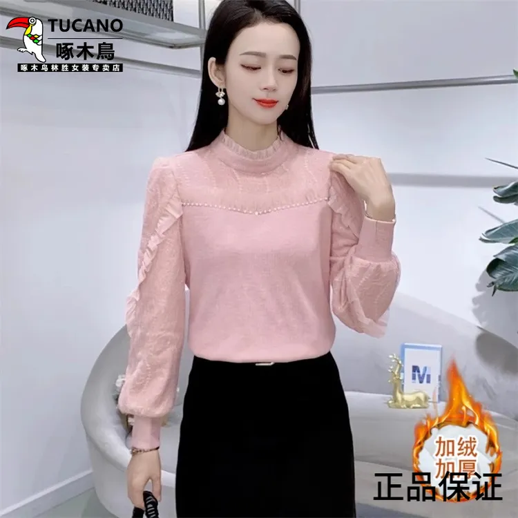 啄木鸟加绒加厚蕾丝打底衫女士2025年春秋冬季新款木耳边显瘦半高
