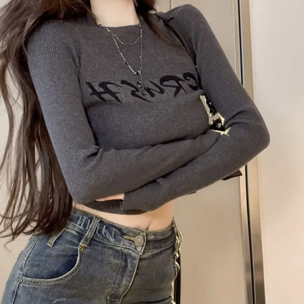 2024新款复古短款圆领套头针织毛衣打底秋冬长袖修身上衣女