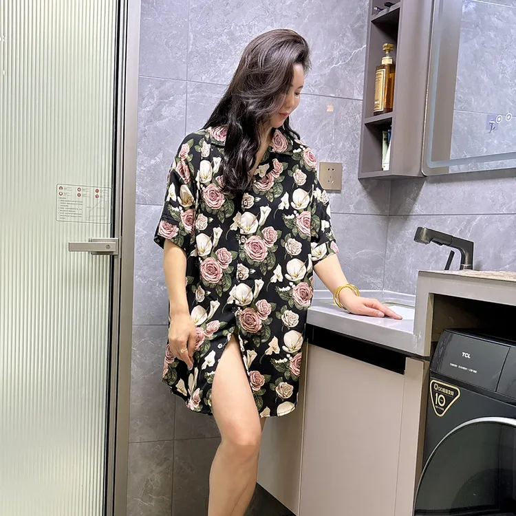 夏季女士薄款雪丝大码性感可外穿睡裙印花衬衫裙宽松冰丝开衫女