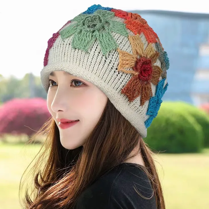 帽子女士秋冬季洋气毛线帽2025新款手工勾花针织帽宽松保暖堆堆帽