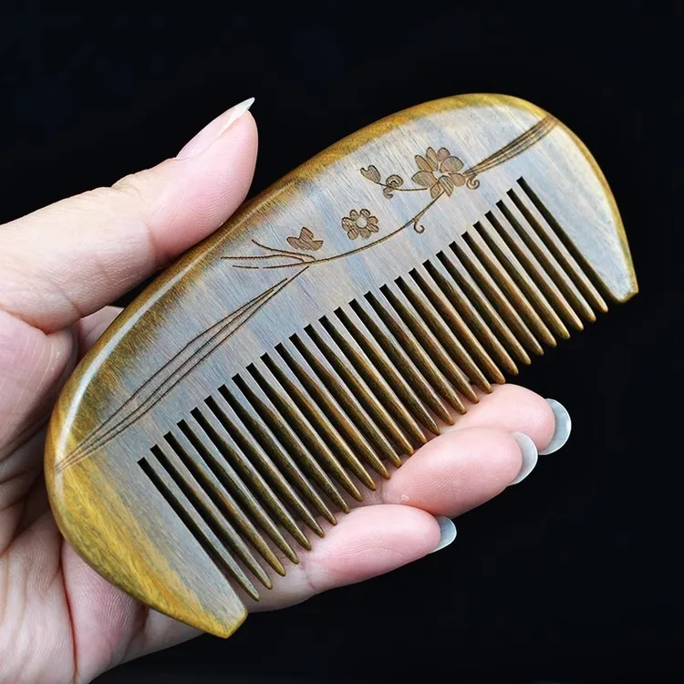 雕花天然绿檀木梳子女士专用长发家用按摩便携送女朋友礼物小梳子