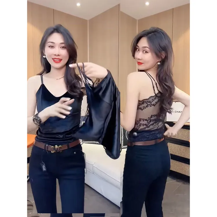 2023秋季新款女欧洲站时尚感微透蕾丝拼接丝绒一体杯吊带美背潮