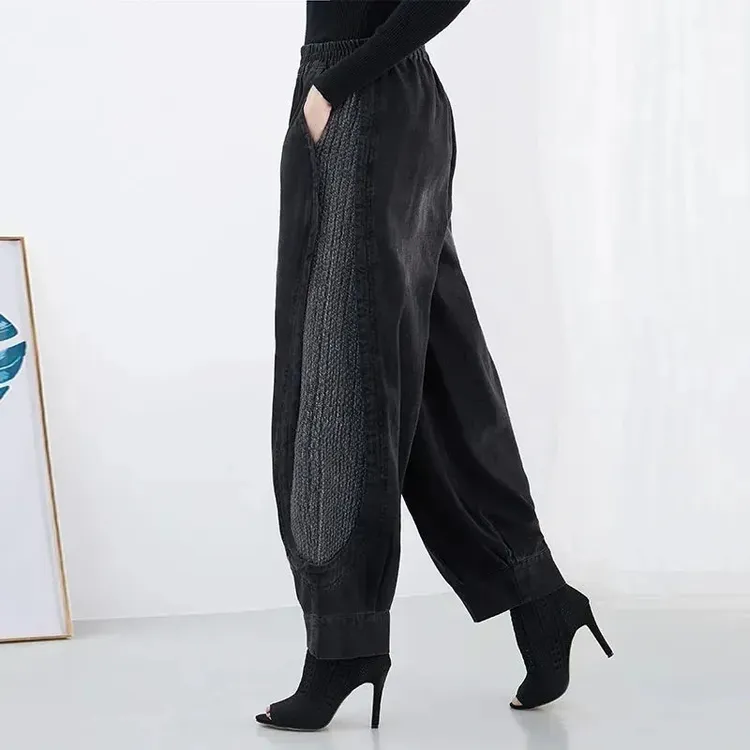 2025春季松紧高腰牛仔裤女阔腿哈伦裤宽松灯笼裤时尚大码休闲长裤