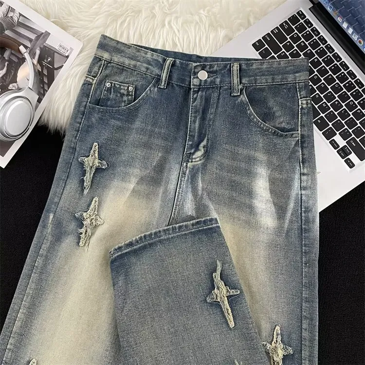 cleanfit水泥黄色星星牛仔裤男美式时尚潮牌修身直筒微喇裤子夏季