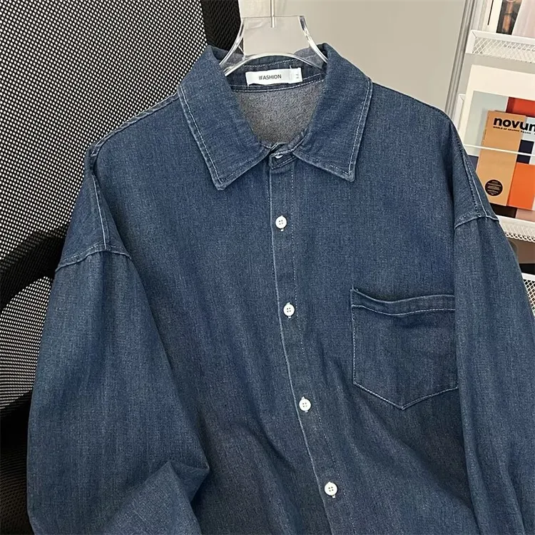 HCKU日系牛仔衬衫男高级感复古做旧水洗浅蓝色长袖衬衣夹克衫